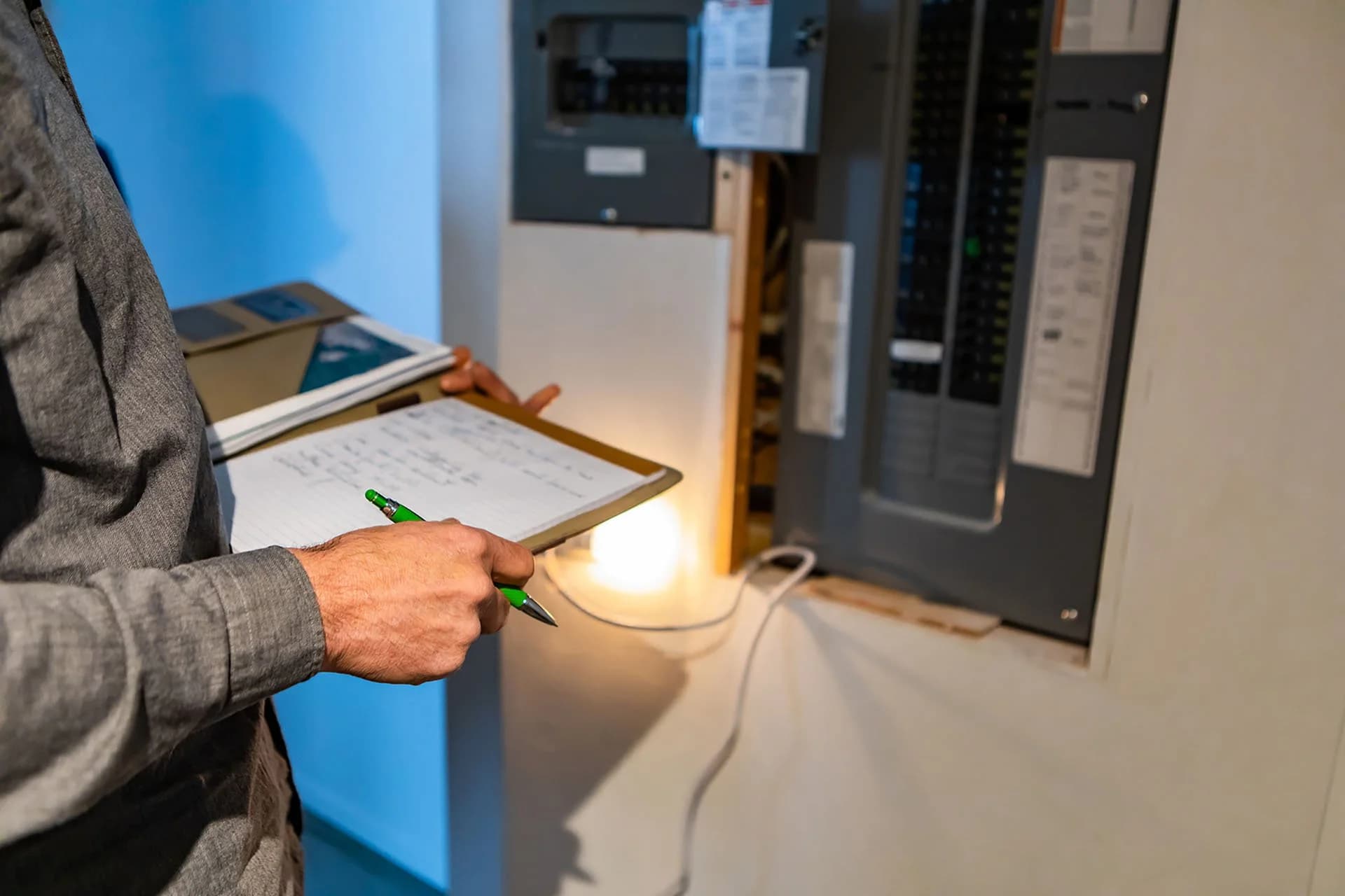 A BrickKicker inspector recording findings on a clipboard at an open residential electrical service panel.